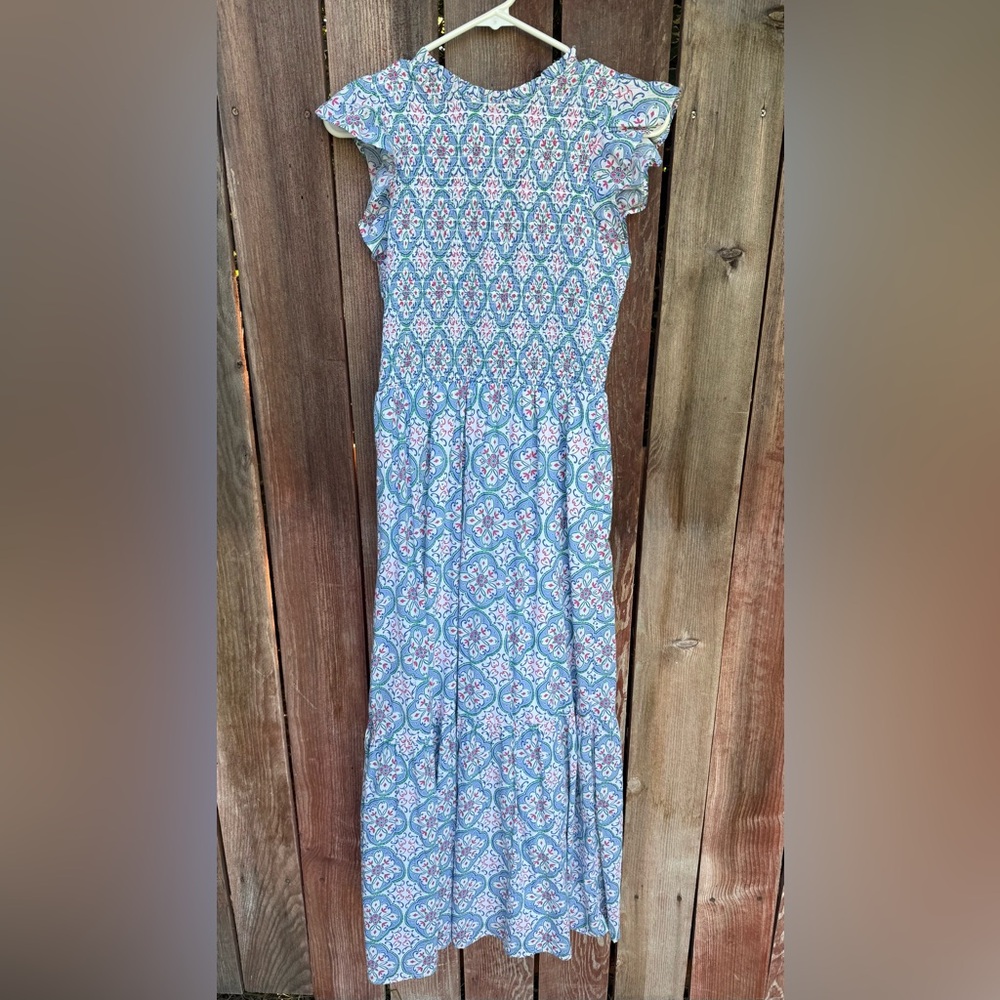**NWT** LOFT Blue ,Pink ,Green & White Patterned Maxi Dress Ruffled Sleeves SZ 8